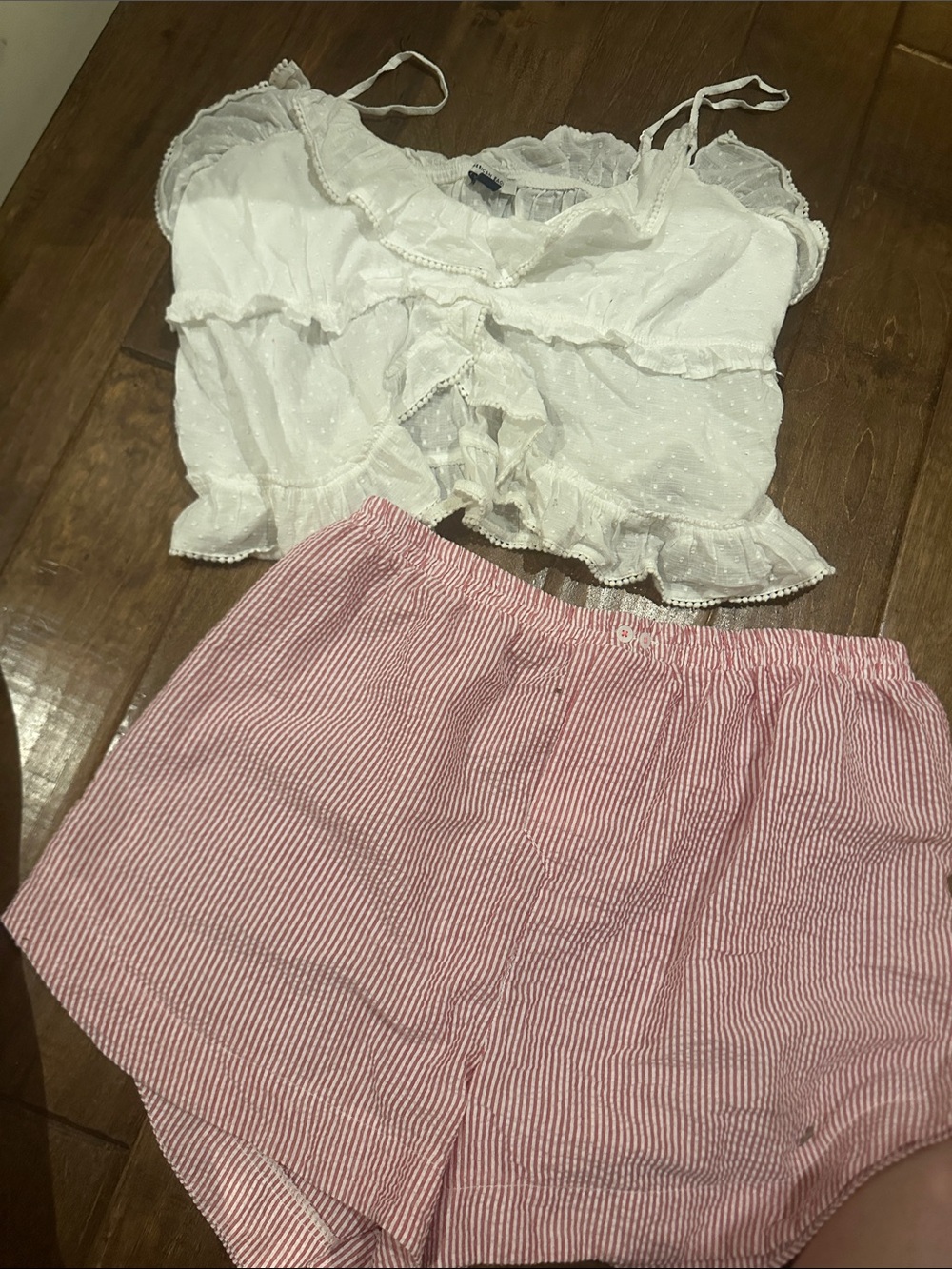Free People White Ruffled Camisole & Pink Seersucker Sleep Shorts